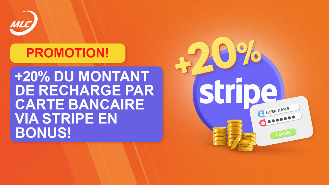 Promotion ! + 20 % du montant de recharge par carte bancaire via Stripe en bonus !
