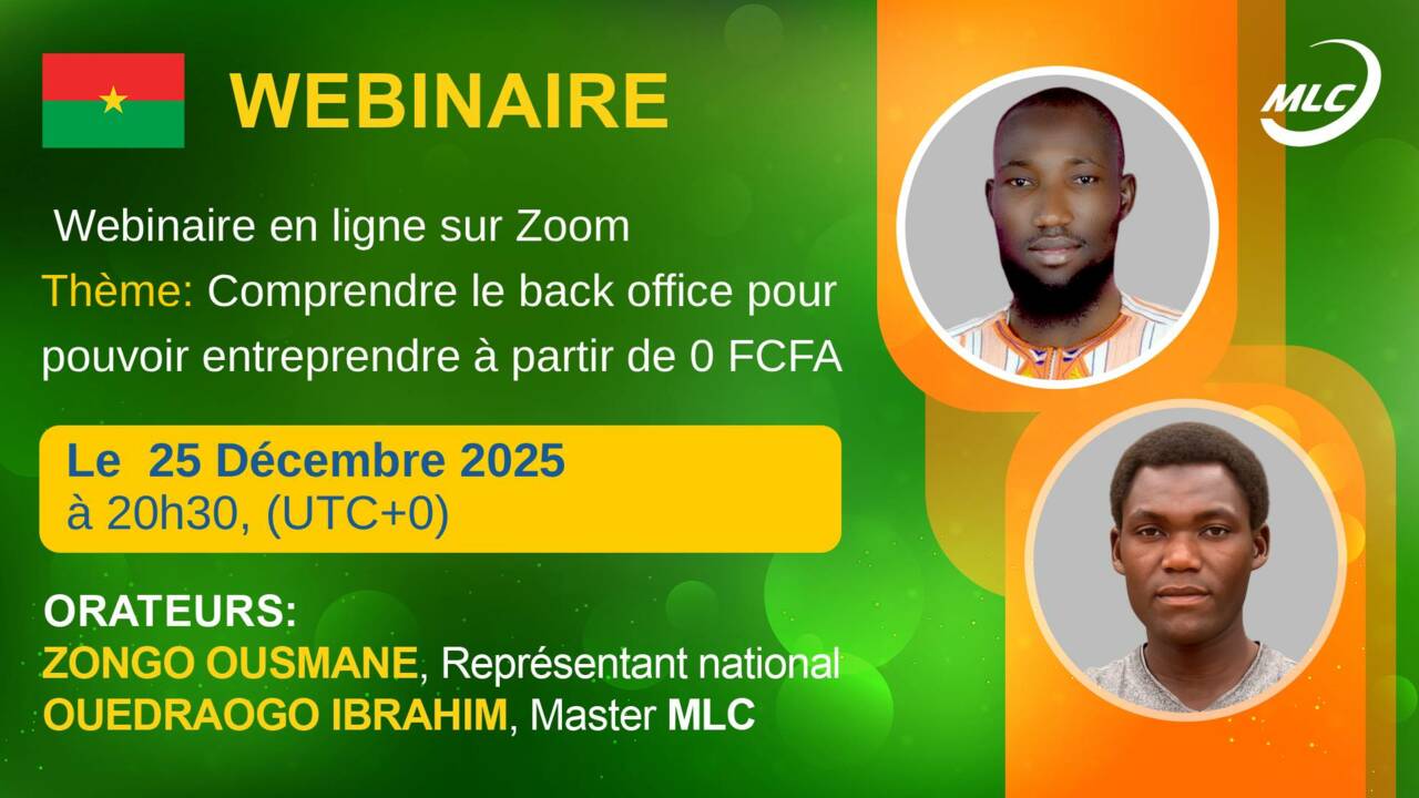 Webinaire en ligne sur Zoom. Thème: Comprendre le back office pour pouvoir entreprendre à partir de 0 FCFA