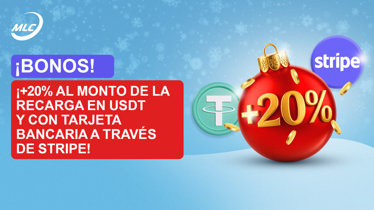 ¡Bonos! ¡+20% al monto de la recarga en USDT y con tarjeta bancaria a través de Stripe!