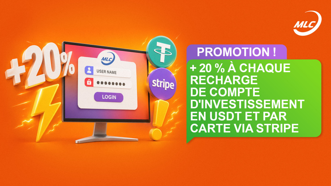 Promotion ! + 20 % à chaque recharge de compte d'investissement en USDT et par carte via Stripe