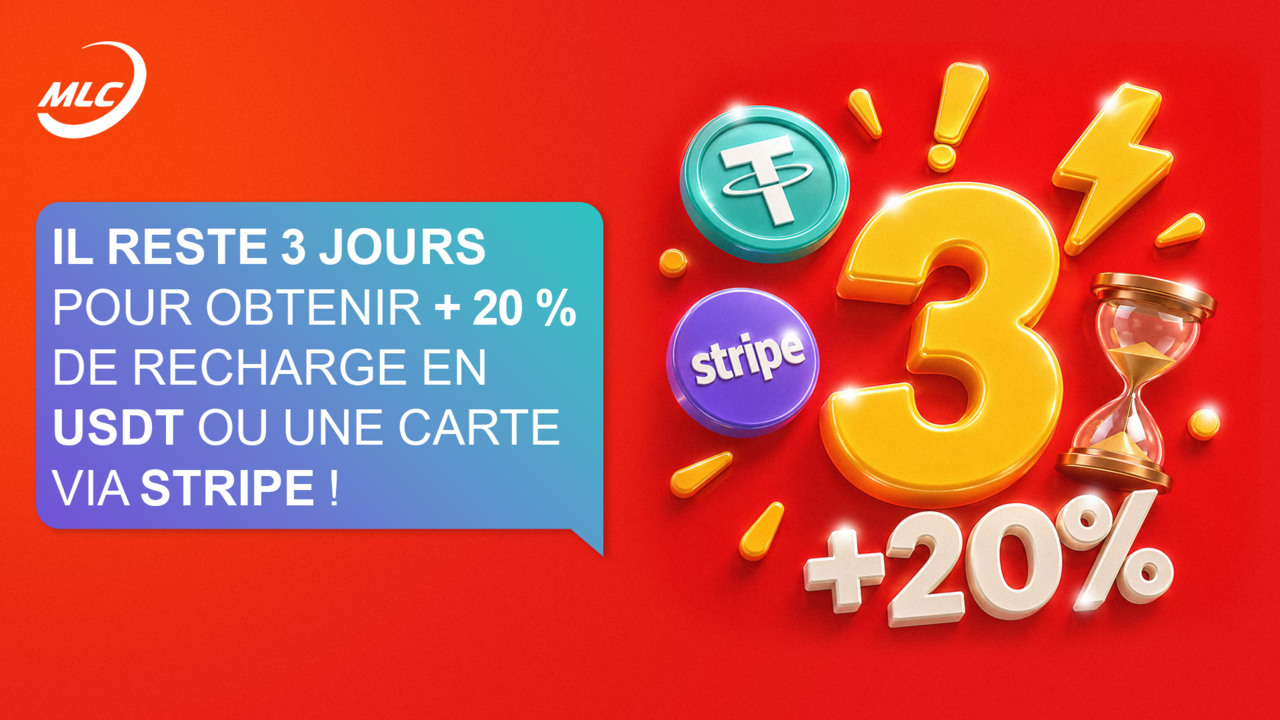 Il reste 3 jours pour obtenir + 20 % de recharge en USDT ou une carte via Stripe !