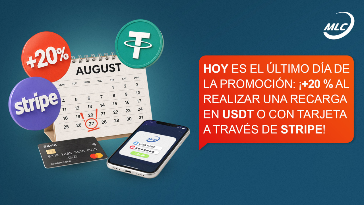 Hoy es el último día de la promoción: ¡+20 % al realizar una recarga en USDT o con tarjeta a través de Stripe!