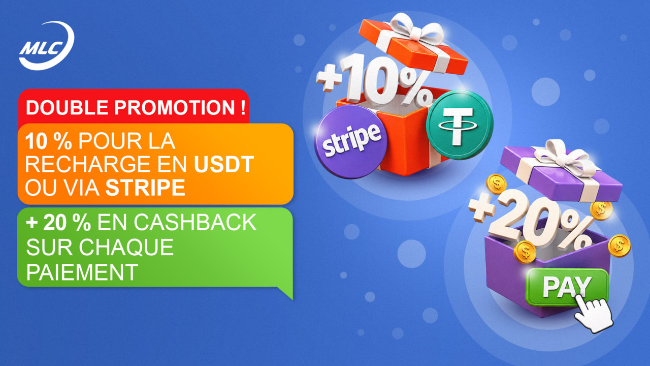 Double promotion ! 10 % pour la recharge en USDT ou via Stripe + 20 % en cashback sur chaque paiement