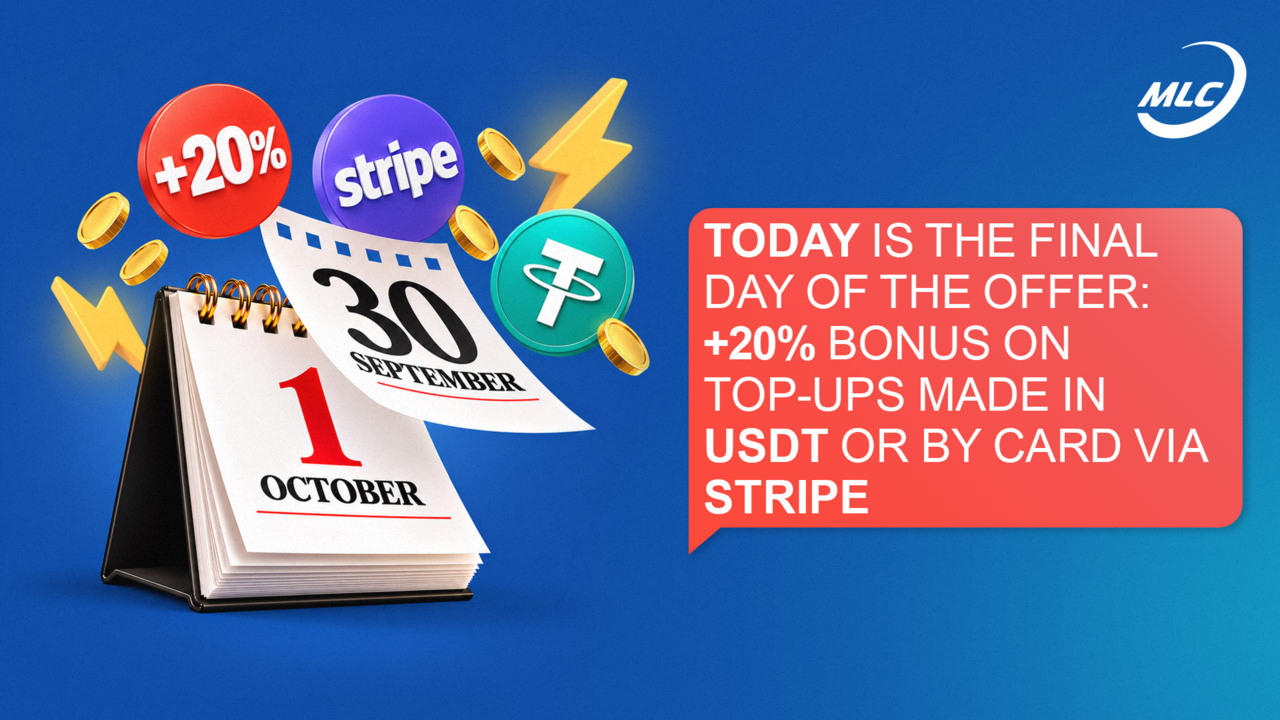 Today is the final day of the offer: +20% bonus on top-ups made in USDT or by card via Stripe